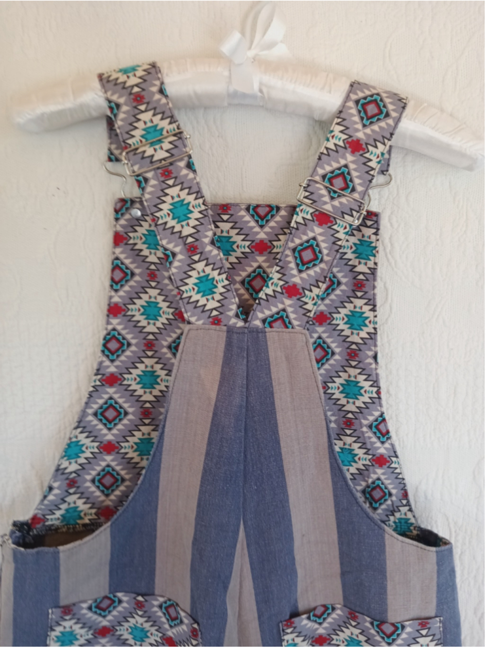 Artsy Western Overalls Slate Blue Beige Stripes Super Wide Leg Boho Trousers MED - Picture 7 of 12